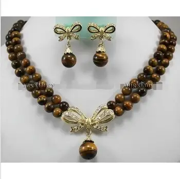 

Wholesale price 16new ^^^^2Rows Tiger's Eye Round Beads Pendant Necklace earrings set AAA Crystal Healing