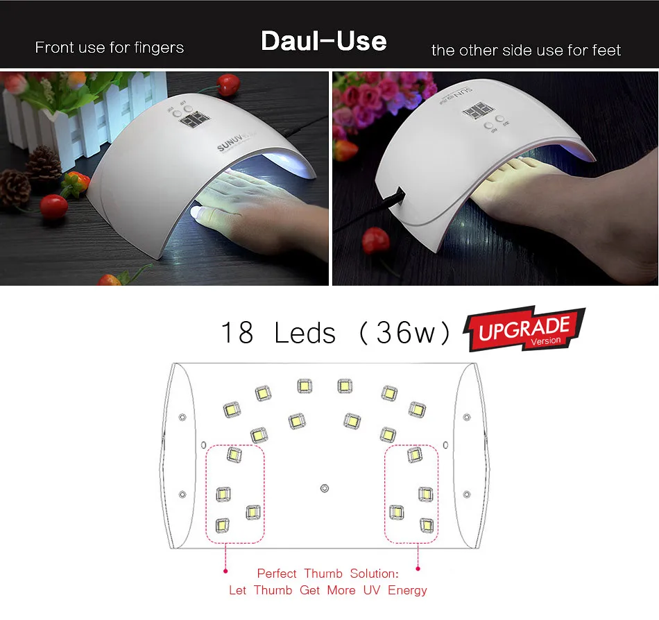Secador de Unhas Polonês com Temporizador Sunuv Mais 36 w Lâmpada Unha Cura Gel Lcd Botão Sensor Manicure Ferramentas Automáticas Sun9x uv Led 8 gel polonês com temporizador lcd botão sensor