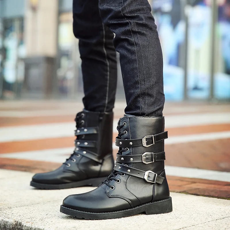 

Men Martin Boots Pu Leather Men Rivet Shoes Mid-Calf Boots Male Low Heels Men Boots Size yhjn89