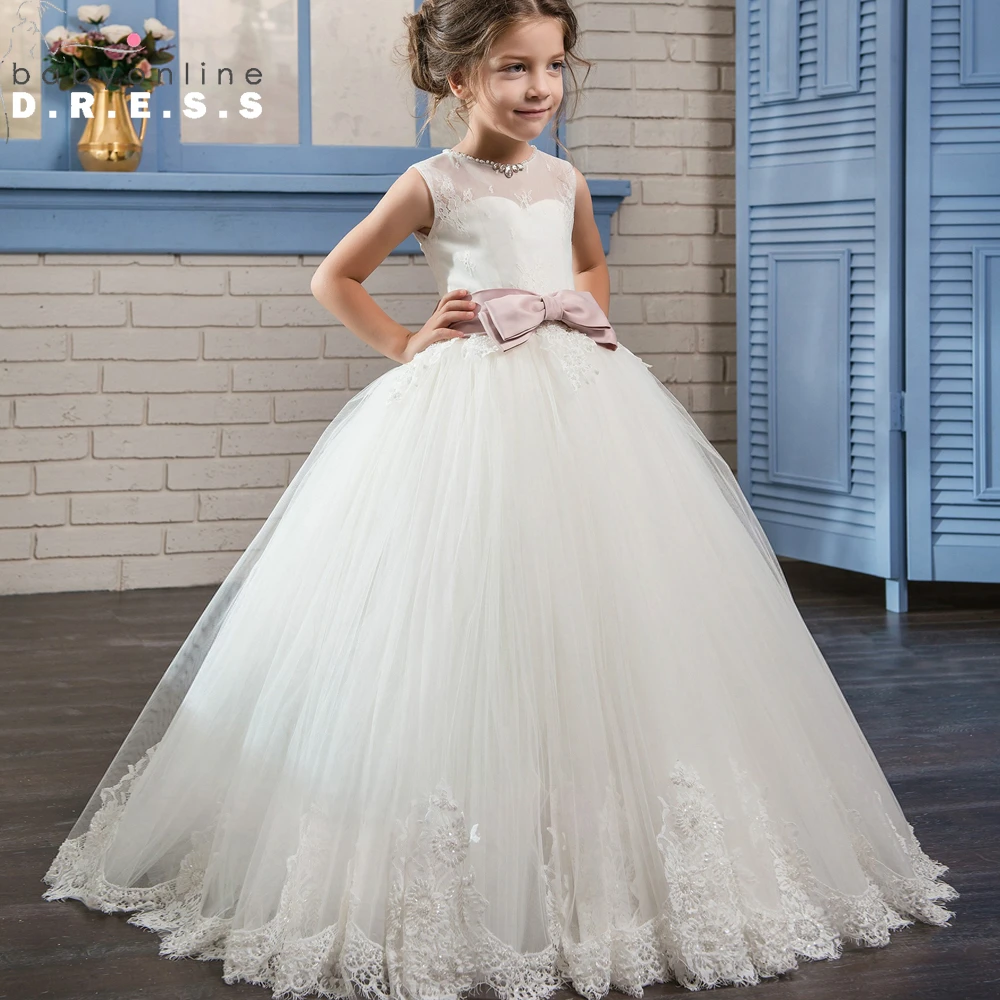 White Ivory Beaded Ball Gown Flower Girl Dresses 2017 Bownot Puffy ...