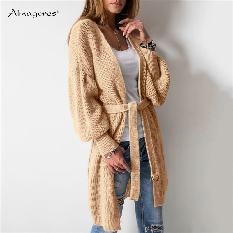 Fashion Women Loose Thick Cardigans V-Neck Sweater Coat Long sleeve Open Stitch Lace Up 2018 Autumn Winter |