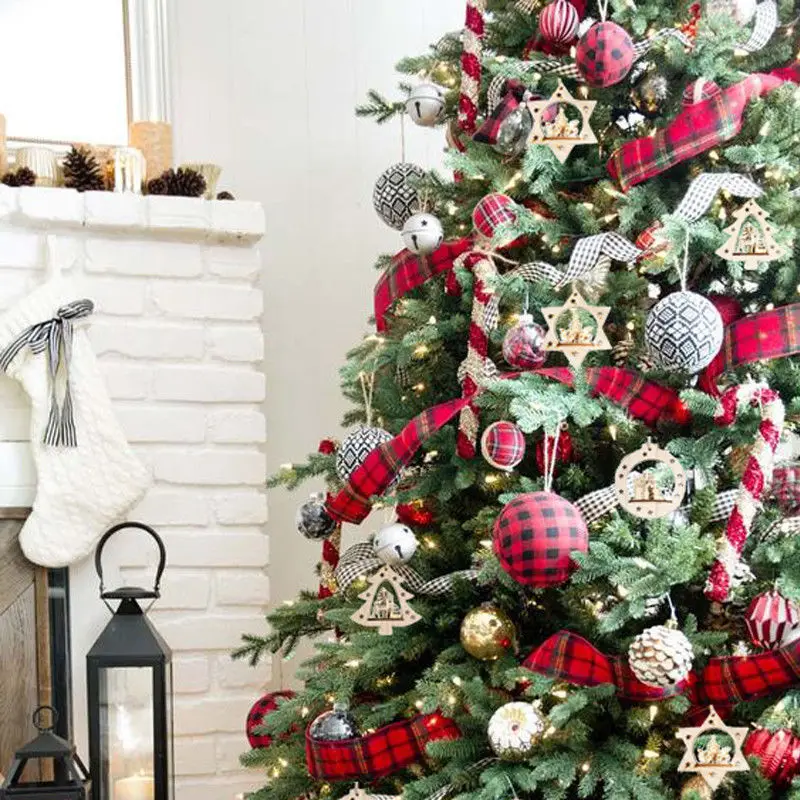 

3D Wooden Xmas Tree Star Drop Ornaments Christmas Pendant Star Bells Window Pendant Decoration Ornament