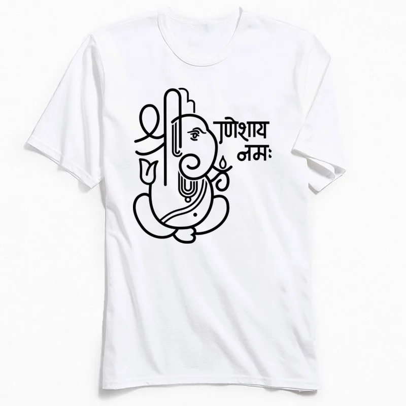 Casual Top T-shirts Short Sleeve comfortable Cheap Men Summer Tops & Tees comfortable Tops Tees Round Collar Cotton Fabric Ganesha Ganapati Elephant 5 (black outline) white