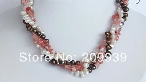 

huij 003480 3strands baroque white coffee freshwater pearl pink crystal necklace