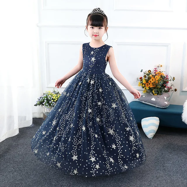 Glittery Children Pageant Ball Gown Starry Sky Printed Kids Navy Glittery Children Pageant Ball Gown Starry Sky Printed Kids Navy Blue Dress Weddings Evening For