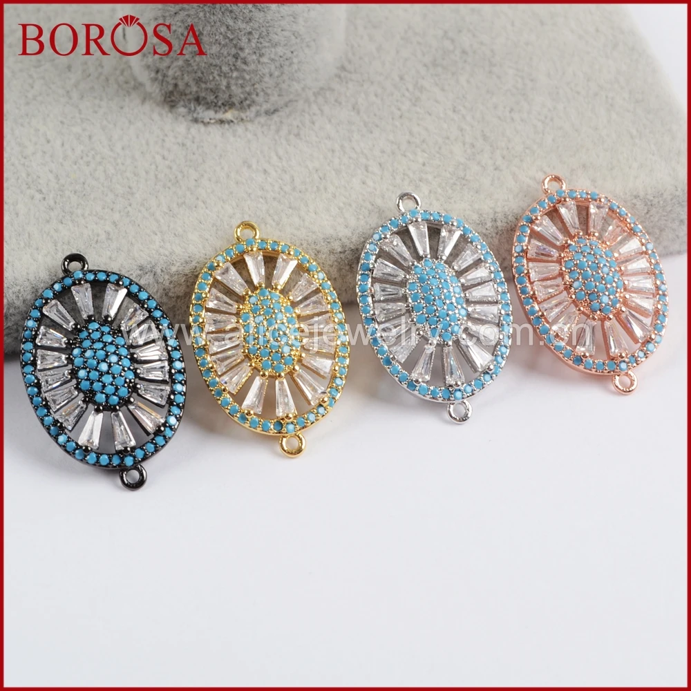 

BOROSA CZ Micro Pave Oval Crystal Connector for DIY Bracelet,Handcrafted Blue Zircon Crystal Drusy Connector Double Bails WX759