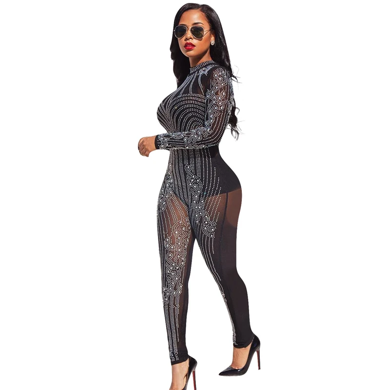 Black Rhinestone Sparkly Jumpsuit Women Turtleneck Long Sleeve Mesh Romper Sexy Sheer Birthday Nightclub Bodycon Party Overalls