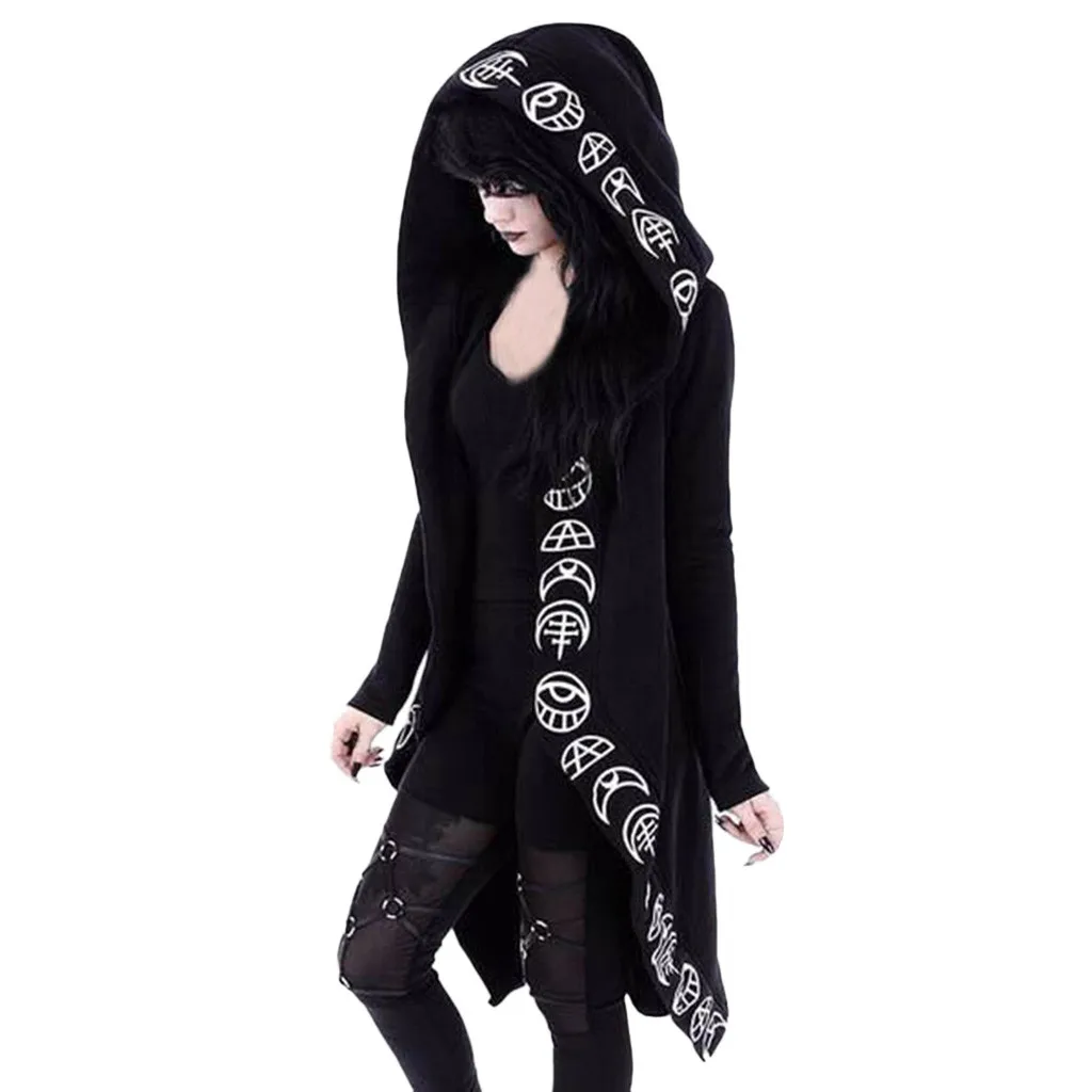 Women's coat Punk Moon Print Witch magic Hooded Black fashion Jacket Sweatshirt Plus Size Long Sleeve Gothic Sweatshirt#G8