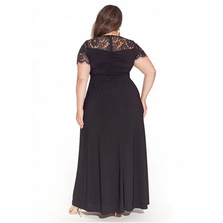 Party Longo Vestidos Big Women Black Lace Yoke Ruched Twist High Waist Plus Size Gown Dress with Short Sleeve (2)