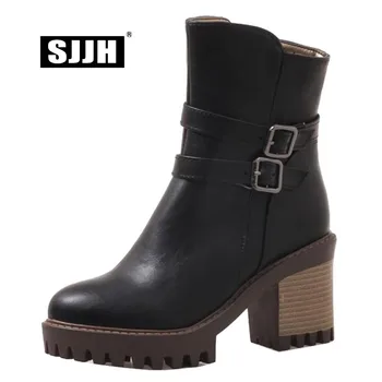 

SJJH Women Ankle Boots with Round Toe Chunky Platform Zip Short Chelsea Boots Soft PU Fashion Casual Shoes Large Size A1043