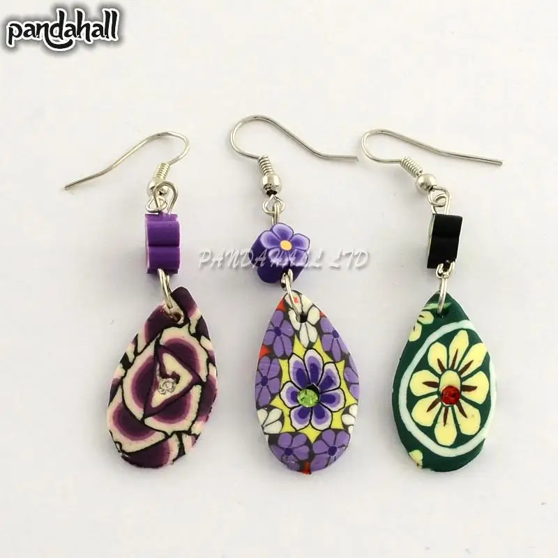 

Polymer Clay Drop with Flower Pattern Dangle Earrings, with Iron Earring Hooks Mixed Color, 60x14x3mm