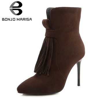

BONJOMARISA 2020 Autumn Winter Brand Plus Size 33-46 Women 10 Cm High Heels Ankle Boots Fashion Fringe Party Boots Shoes Woman
