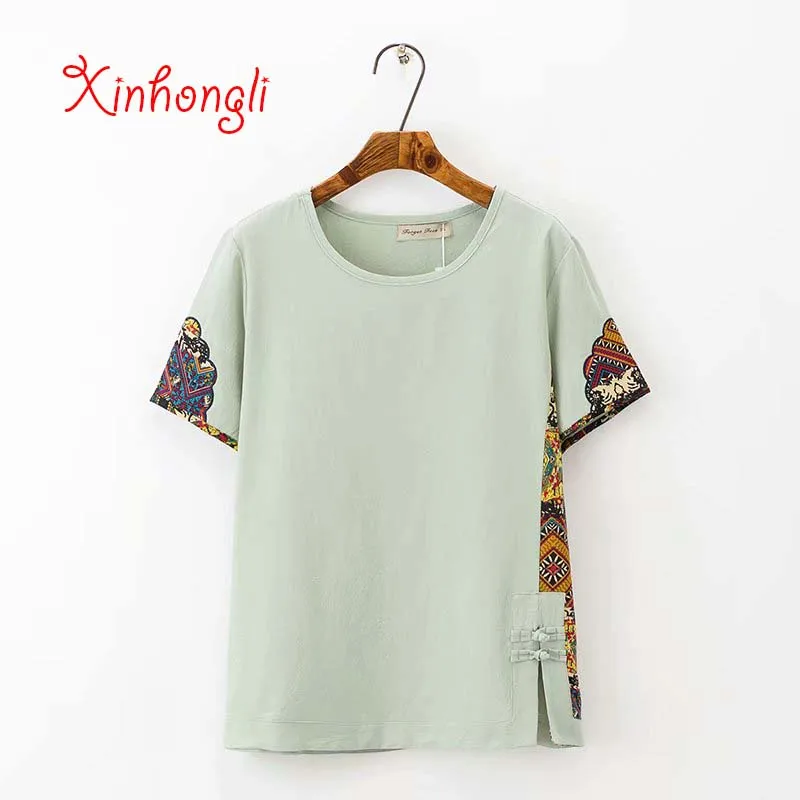 

Plus size patchwork O-neck cotton women loose Tshirts 2019 summer casual ladies Buckle T shirts female tees tops T-shirts