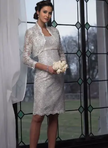 

free shipping 2014 new vestidos de cocktail full long sleeve knee-length lace custommade Mother of the Bride Dresses with jacket