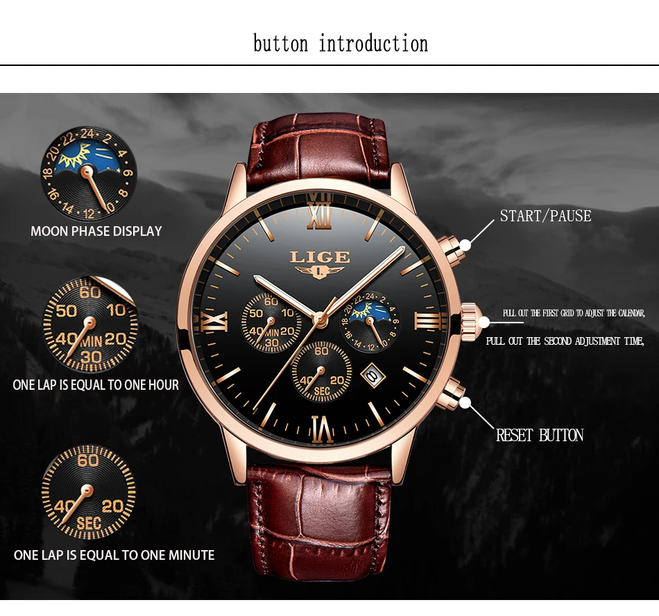 LIGE Mens Watches Top Brand Luxury Fashion Watch Men Leather Quartz Clock For Male Auto Date Rose Gold Shell relogio masculino