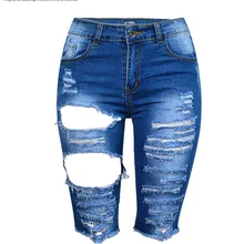 Для женщин синий высокой талией рваные джинсы большого размера для мамы джинсы женщина Жан 34-46