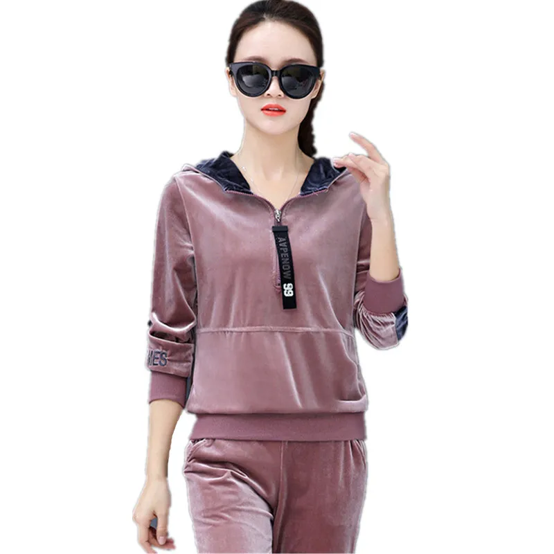 

Winter High Quality Velvet Suit Women's Patchwork Casual Hoodies + Pants Sportswear Velour Tracksuit two piece set For Women