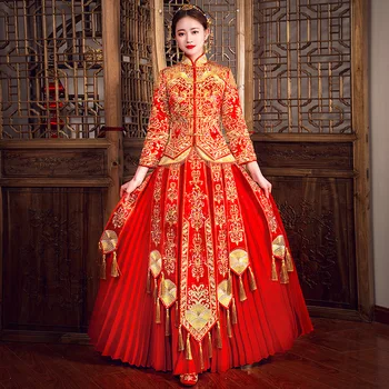 

Classic Noblw Women Marriage Cheongsam Suzhou Gold Embroidery Flower Qipao Chinese Traditional Wedding Party Dress Vestidos