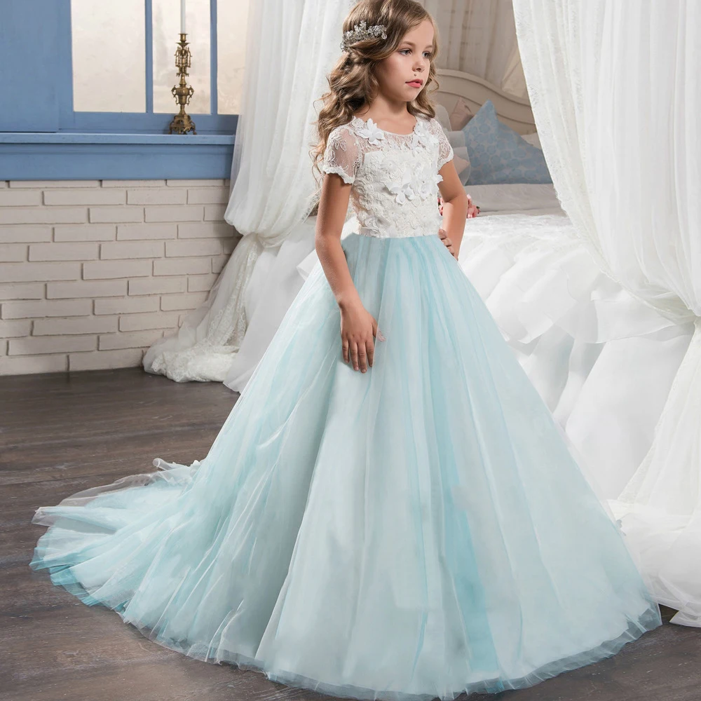 Синее длинное Тюлевое платье для девочек, свадебное детское белое платье с вышивкой платье на выпускной для девочек, вечерние платья для выпускного вечера