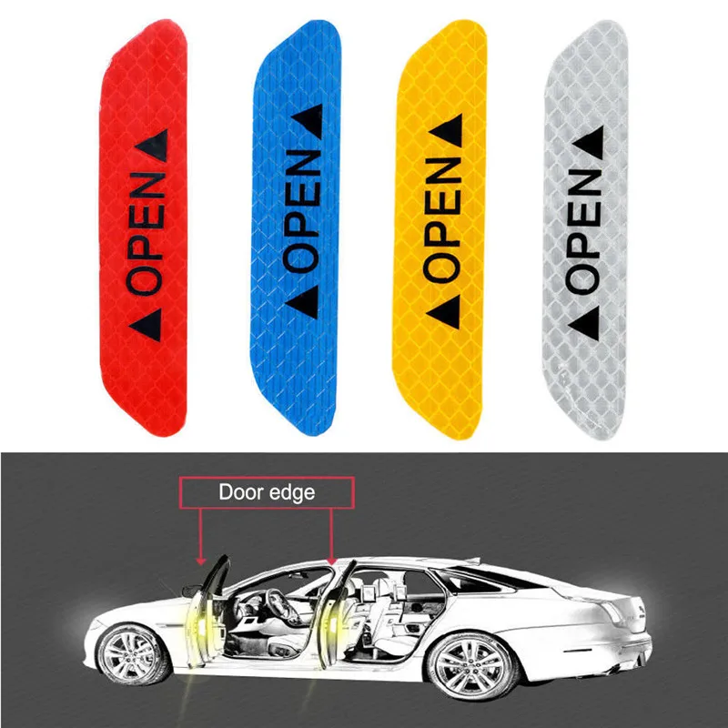 4Pcs Tail Auto Open Sign Warning Mark Reflective Tape Safety Car Door Stickers 