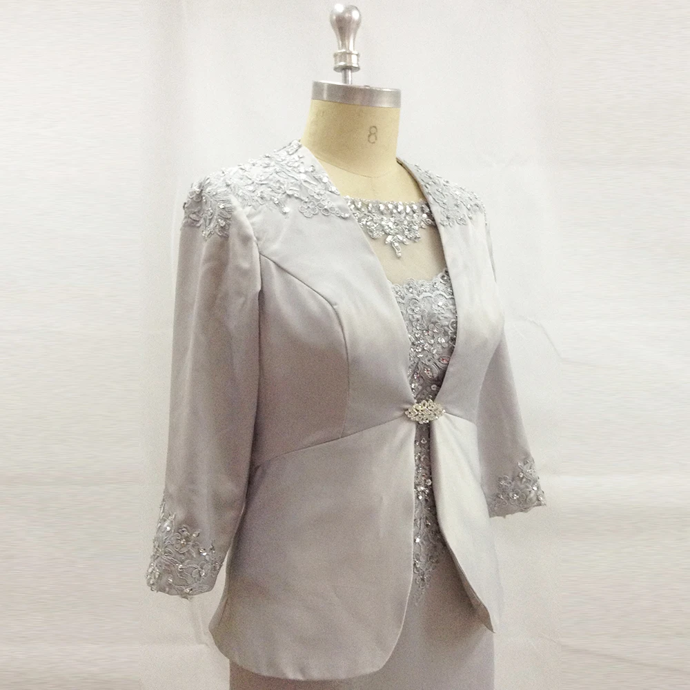 Серебряные брючные костюмы невесты больших размеров Casamento облегающее до колен кружевное платье для матери невесты 2017 с курткой
