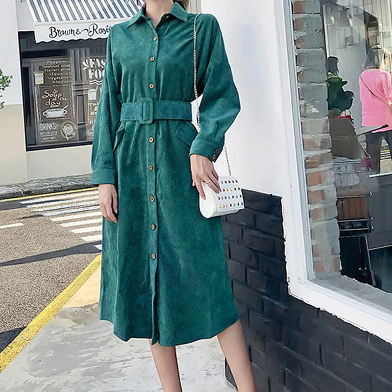 Kopen Herfst Winter Lange Shirt Jurk Vrouwen 2018 Lange Mouw Groene Kleur Vintage Jurk Pocket met Riem Vestido