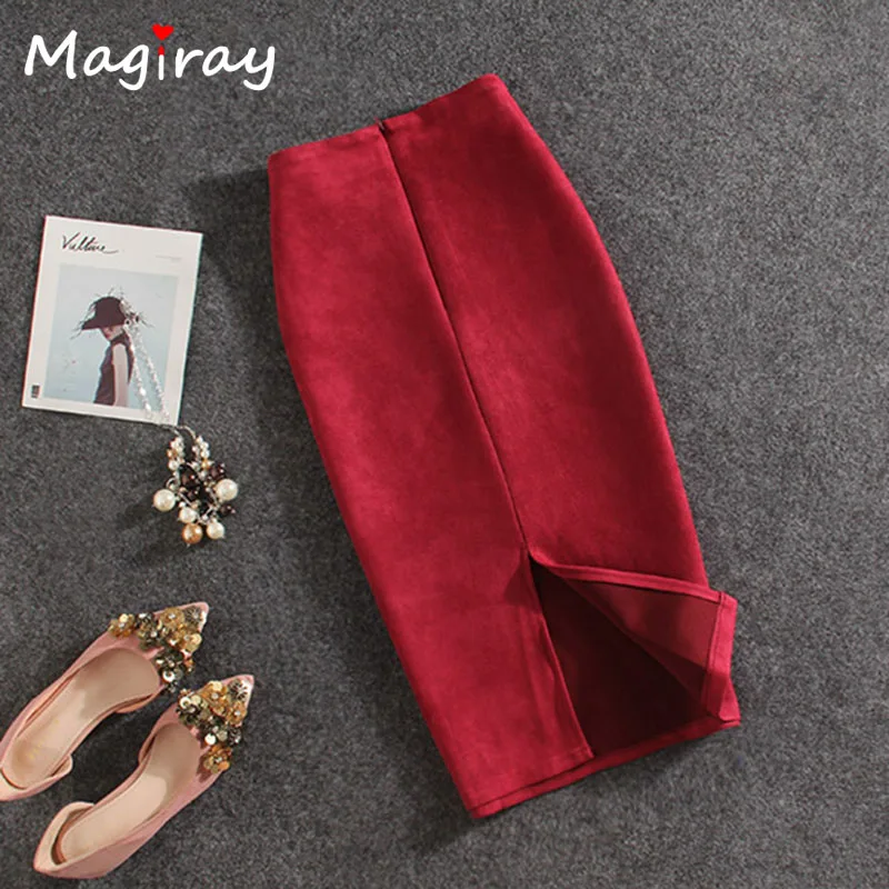 Magiray Harajuku юбка-карандаш с высокой талией, Женская замшевая Юбка До Колена, осенняя Зимняя юбка, винтажная Сексуальная черная розовая юбка C465 - Цвет: red