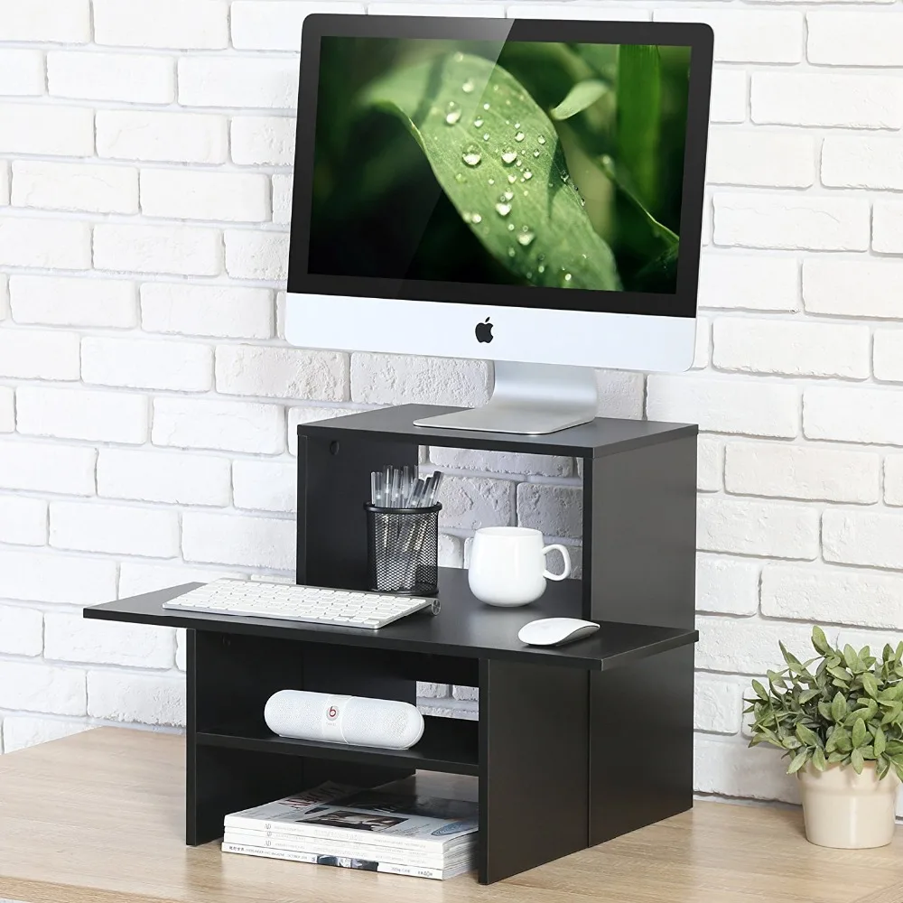 

FITUEYES Standing Computer Desk with Keyboard Shelf Desktop Organizer Black Modern Bookshelf