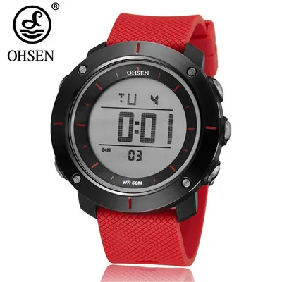 Мужские Цифровые Часы OHSEN Hombre в повседневном стиле, 50 м, мужские спортивные наручные часы с силиконовым ремешком, мужские часы - Цвет: Red