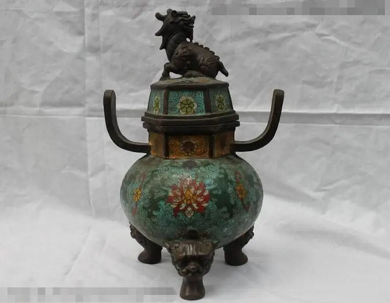 

Royal Pure Bronze cloisonne Foo Dog Lion Dragon kylin Incense burner Censer