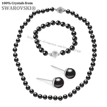 Super Sale 2016 nueva Llegada nupcial collar de perlas negro + 8mm stud pendientes y pulseras de la joyería Cristales de Swarovski