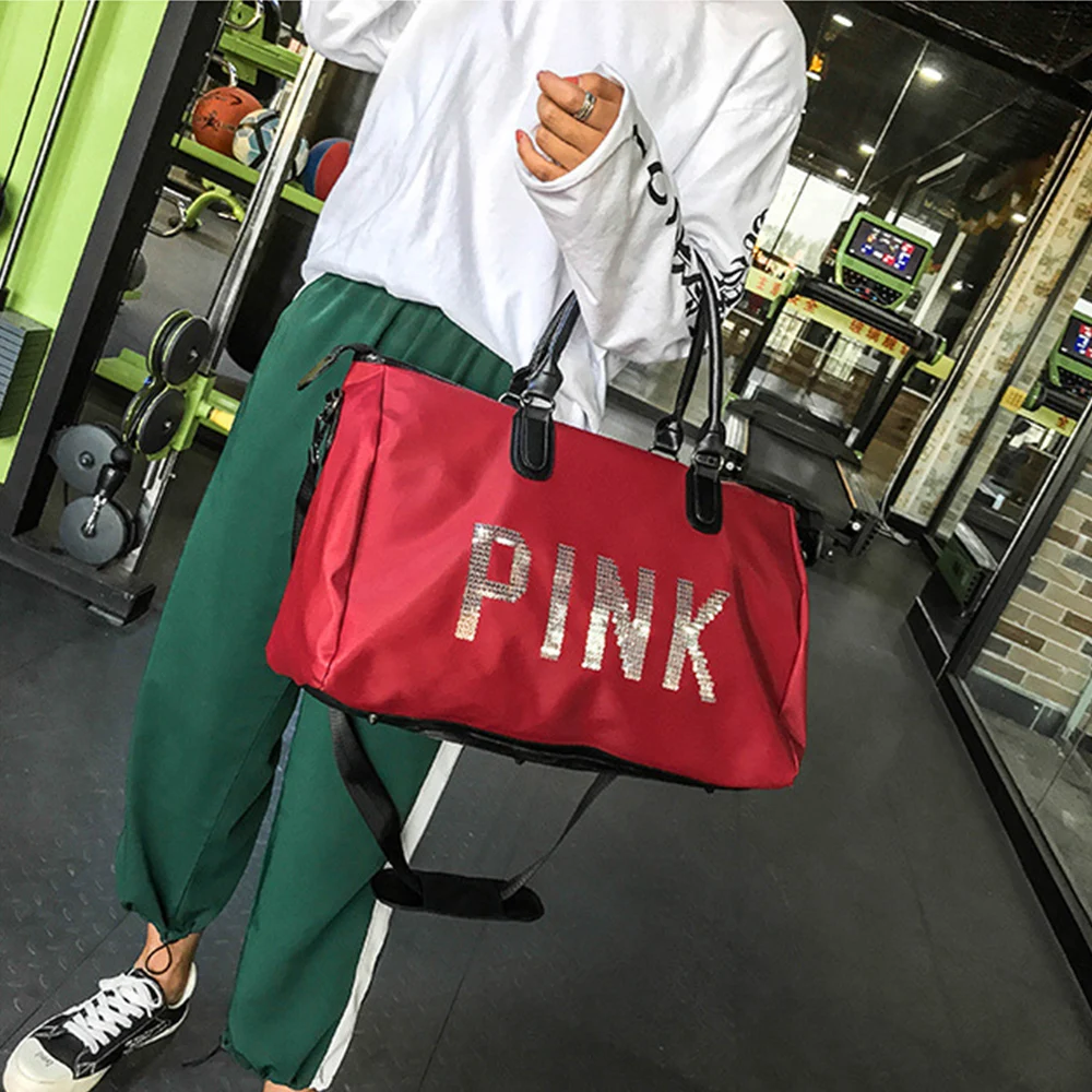 2019 Wobag Ladies Black Travel Bag Pink Sequins Shoulder Bag Women Handbag Ladies Weekend Portable Duffel Bag Waterproof Wash16