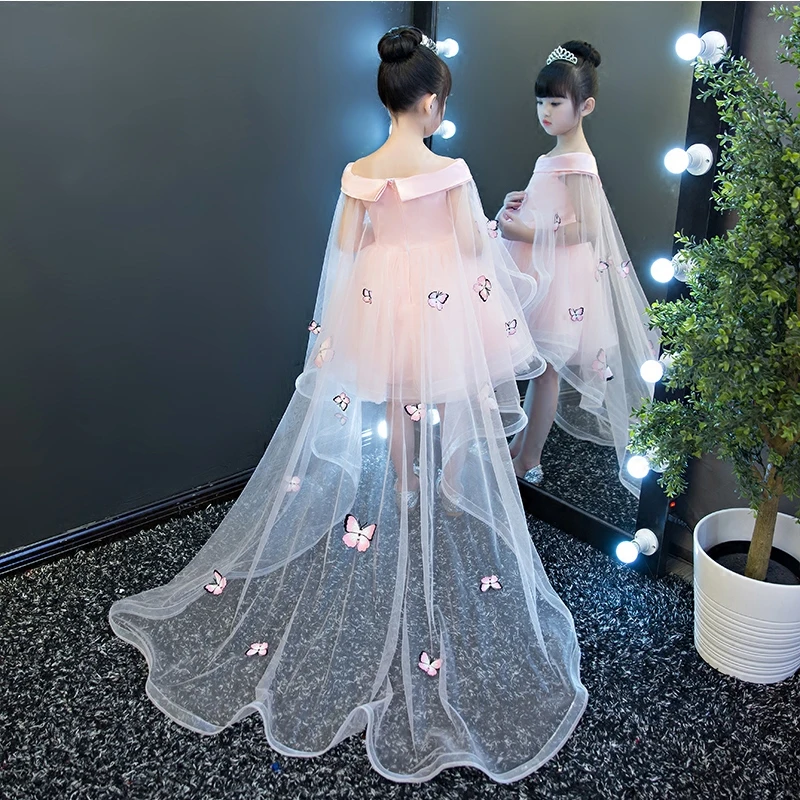 Детское платье принцессы для девочек Новая сетчатая одежда с бабочками милые бальные платья с длинным шлейфом для девочек, банкетные платья с открытыми плечами JF642