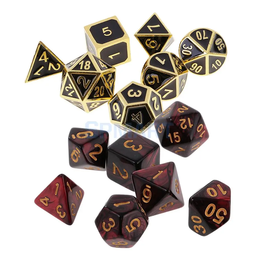 

14 peices Zinc Alloy Acrylic Polyhedral Dice 16mm D20 D12 D10 D8 D6 D4 for Dungeons & Dragons Table Games Gold Black