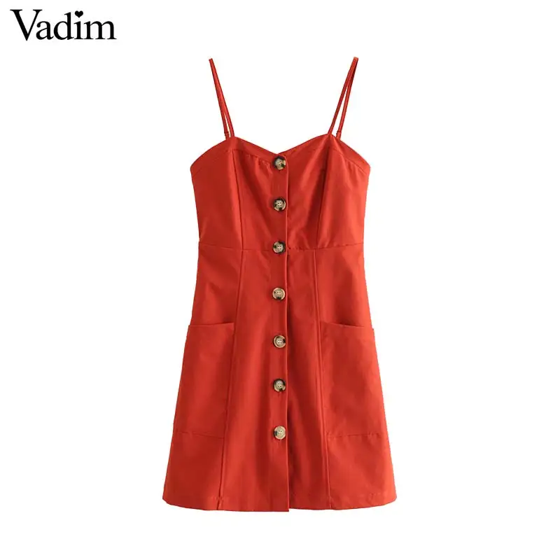 

Vadim women Sexy V neck mini dress pockets back elastic adjustable strap sleeveless sweet dresses backless chic vestidos QB951