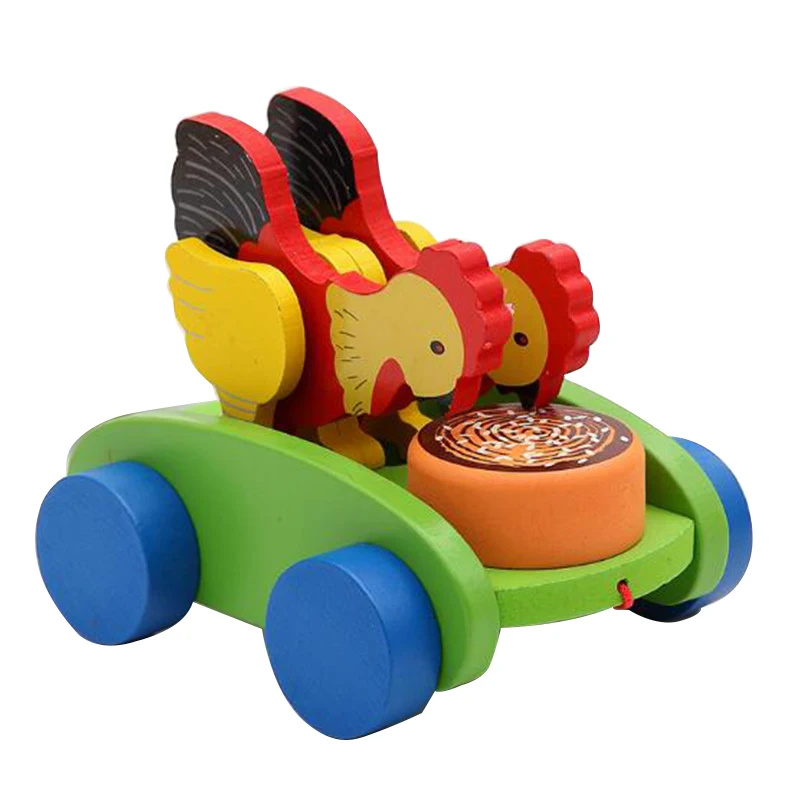 Children Wooden Chicken Push Toy Rooster Pull Carts Preschool Toddler