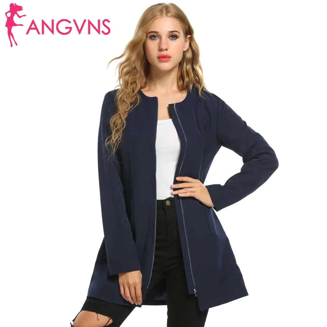 ANGVNS New Women Coat Casual O-Neck Long Sleeve Solid Mid-Long Coat Jacket with Pockets summer spring 2018Casaco Manteau mi-long Coats