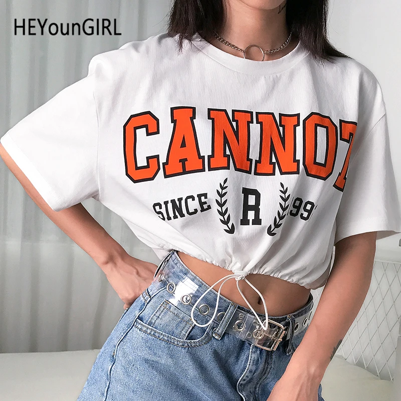 

HEYounGIRL Printed Korean Style T-shirt Women Casual Short Sleeve Tee Shirt Femme Drawstring Cute T Shirt Crop Top Summer 2019