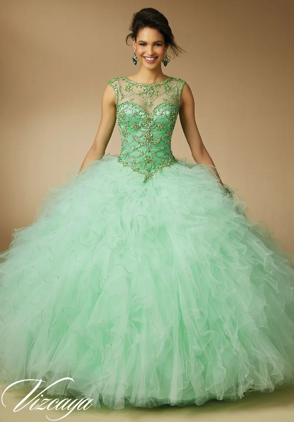 2017 Summer New Fashion Coral Mint Green Shiny Crystals Quinceanera