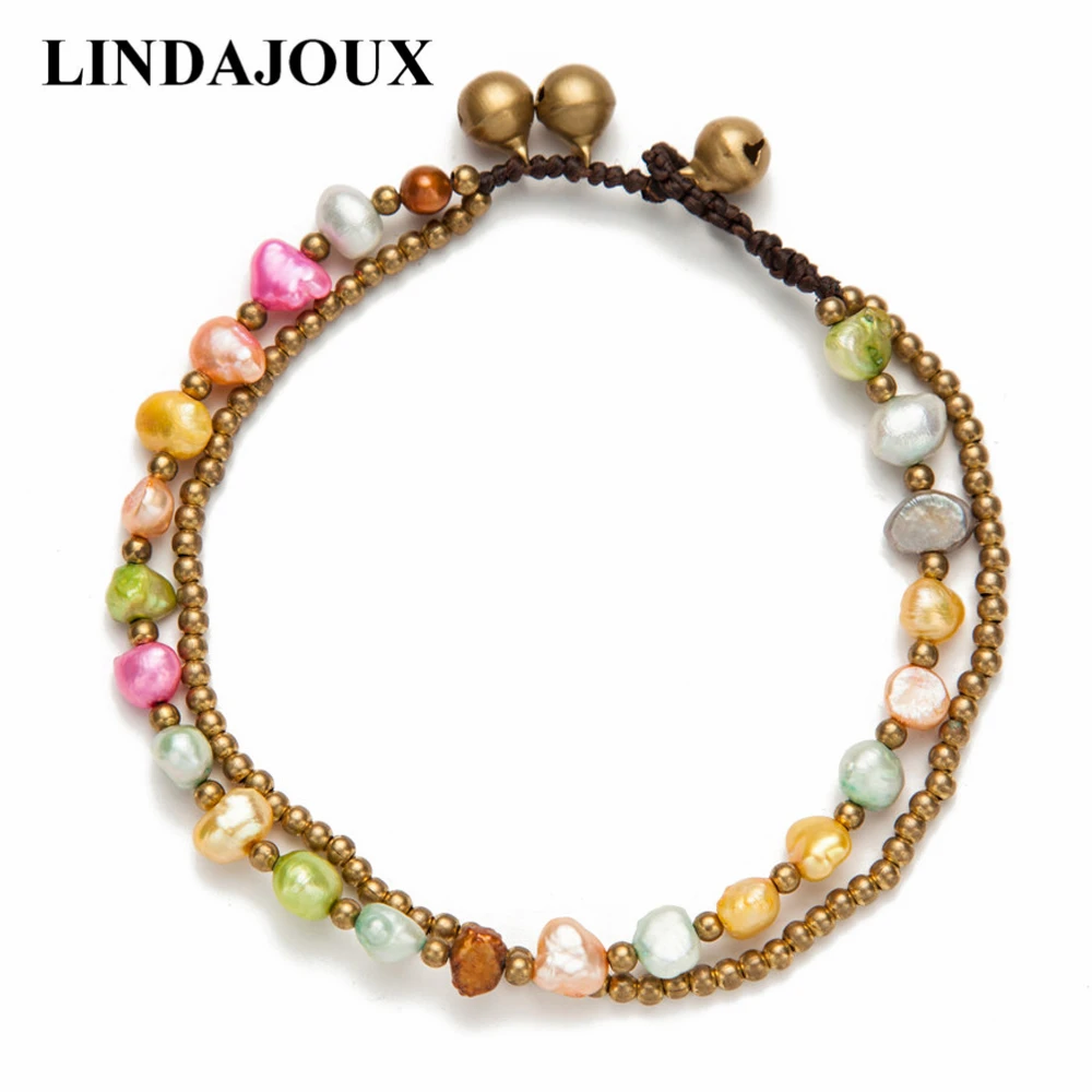 

Layered Colorful Freshwater Pearl Chain Brass Beaded Barefoot Sandal Anklets For Women Ankle Bracelets Leg Foot Jewelry