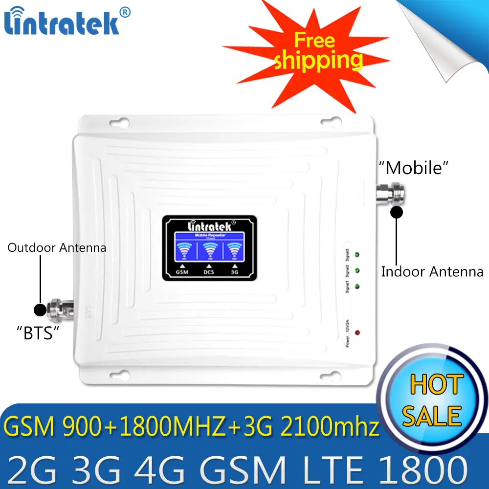 Lintratek GSM 900 1800 WCDMA 2100 трехдиапазонный усилитель 2G 3G 4G LTE 70dB ретранслятор мобильного