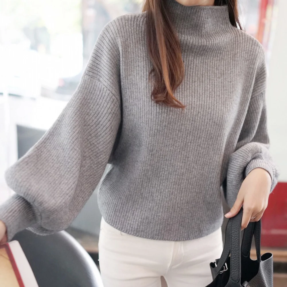 

Joineles Winter Turtleneck Women Warm Sweaters Lantern Sleeves 5 Solid Colors Oversized Knitwear Pullovers Autumn Jumper Femme