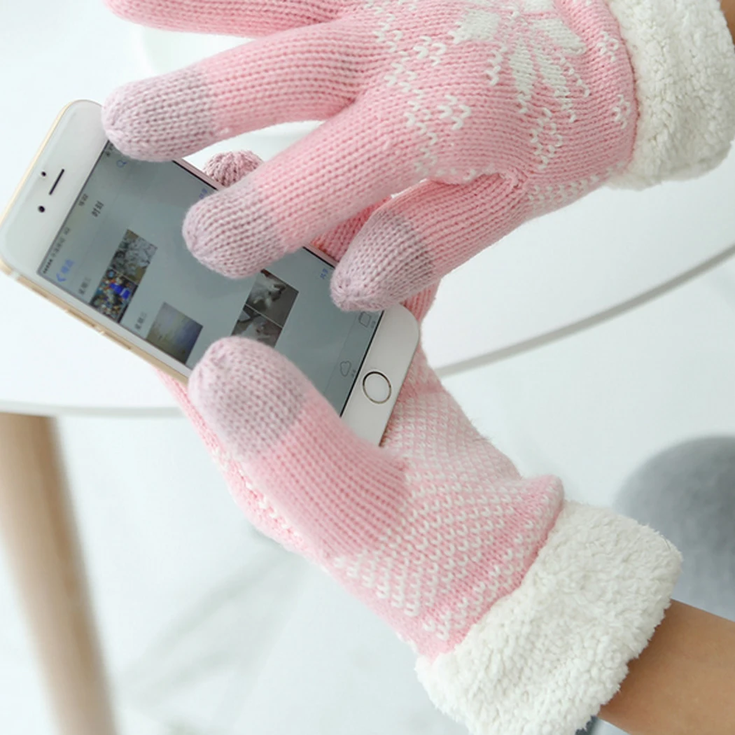 Сенсорный экран смартфона зимние перчатки женские толстые овечья шерсть Вязание Теплые снежинки митенки для пальцев перчатки шерстяные