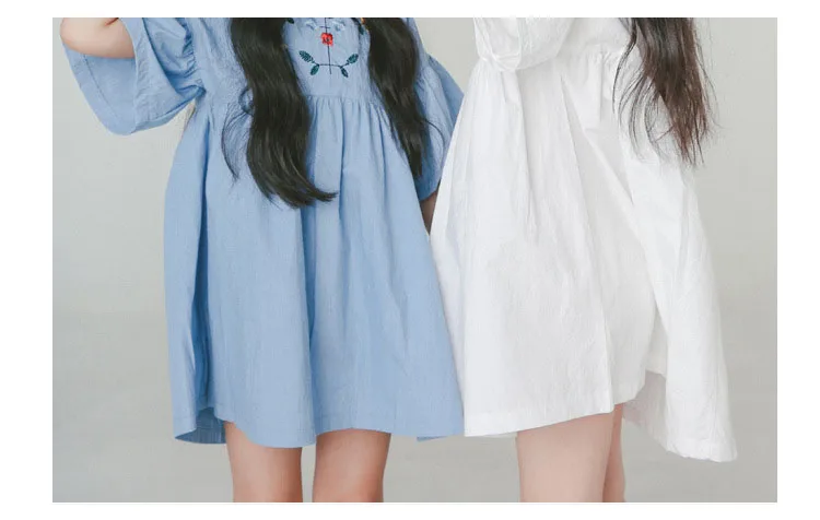 cotton embroidery girls summer dress flare sleeves princess summer girl dresses solid white blue kids clothing  4 5 6 7 8 9 10 11 12 13 14  years old little big teenage girls summer dress cotton  (13)