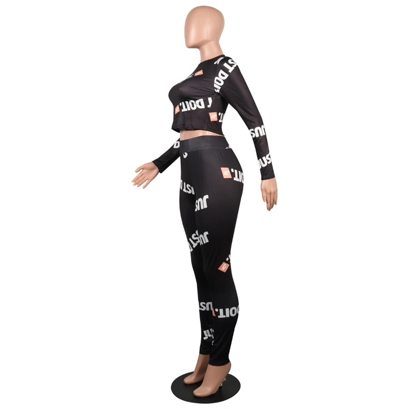 Letter Printed Sexy 2 Piece Set Autumn Long Sleeve Crop Top And Skinny Full Length Pants Women Black Casual Outfits GRNSHTS