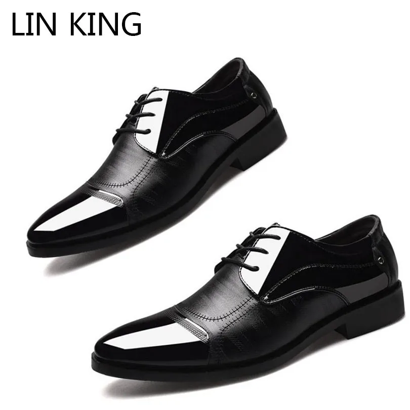 

LIN KING New Men Leather Shoes Plus Size Business Formal Shoes Lace Up Pointed Toe Office Oxfords Man Wedding Party Dress Shoes