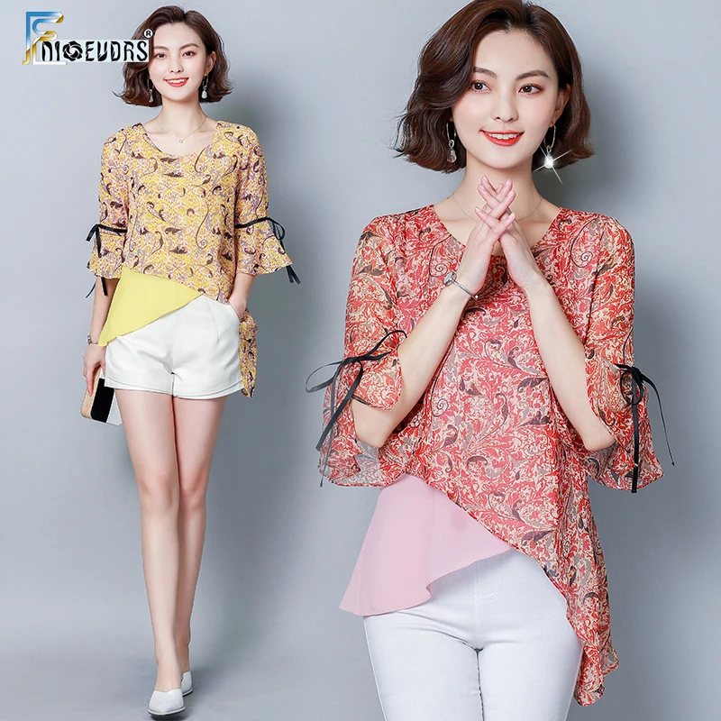 Women's Tie Bow Flare Sleeve Top Irregular Asymmetry Patchwork Faux Two Piece Yellow Pink Floral Chiffon Blouse Shirt |