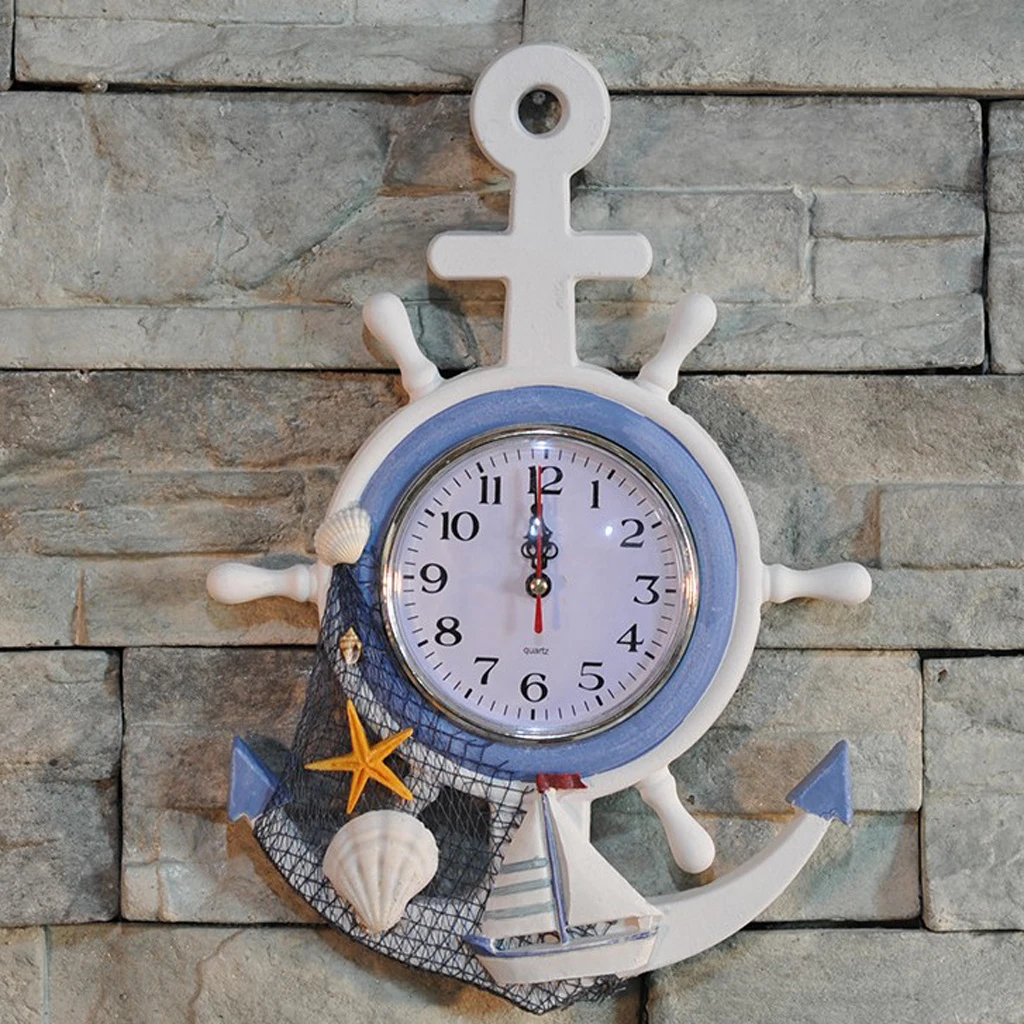 Nautical Theme Beach Ship Wheel 33cm Dia Wall Clock Hanging Decor Ornament Shelf Stand Wall Mounted 