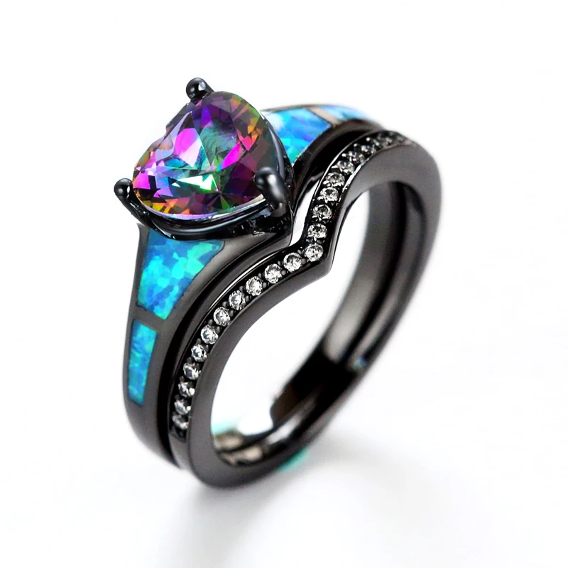 

Dark Black Gothic Style Lab Blue Opal Ring Sets With Heart Rainbow For Women