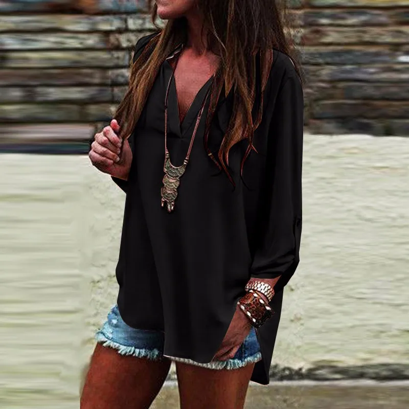 5XL Women Shirts Spring Summer Casual V-Neck Chiffon Blouse Female Top Camisa Feminina Long Sleeve Ladies Blouse Femme Plus Size